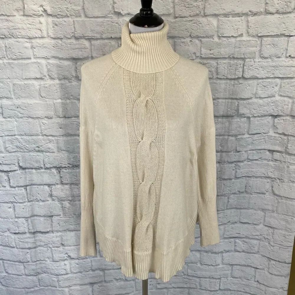 INC women S silk blend Longsleeve turtleneck poncho white